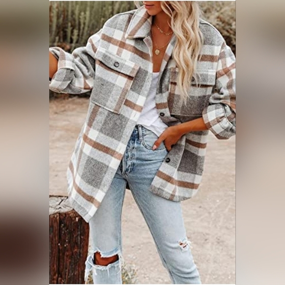 Plaid Brushed Flannel Flap Pocket Drop Shoulder Coat Shacket Women's Medium NWOT - Picture 4 of 16